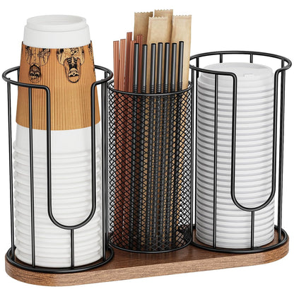 Coffee Cup Dispenser, Coffee Cup and Lid Holder, 3... (Black 1 | Wood)