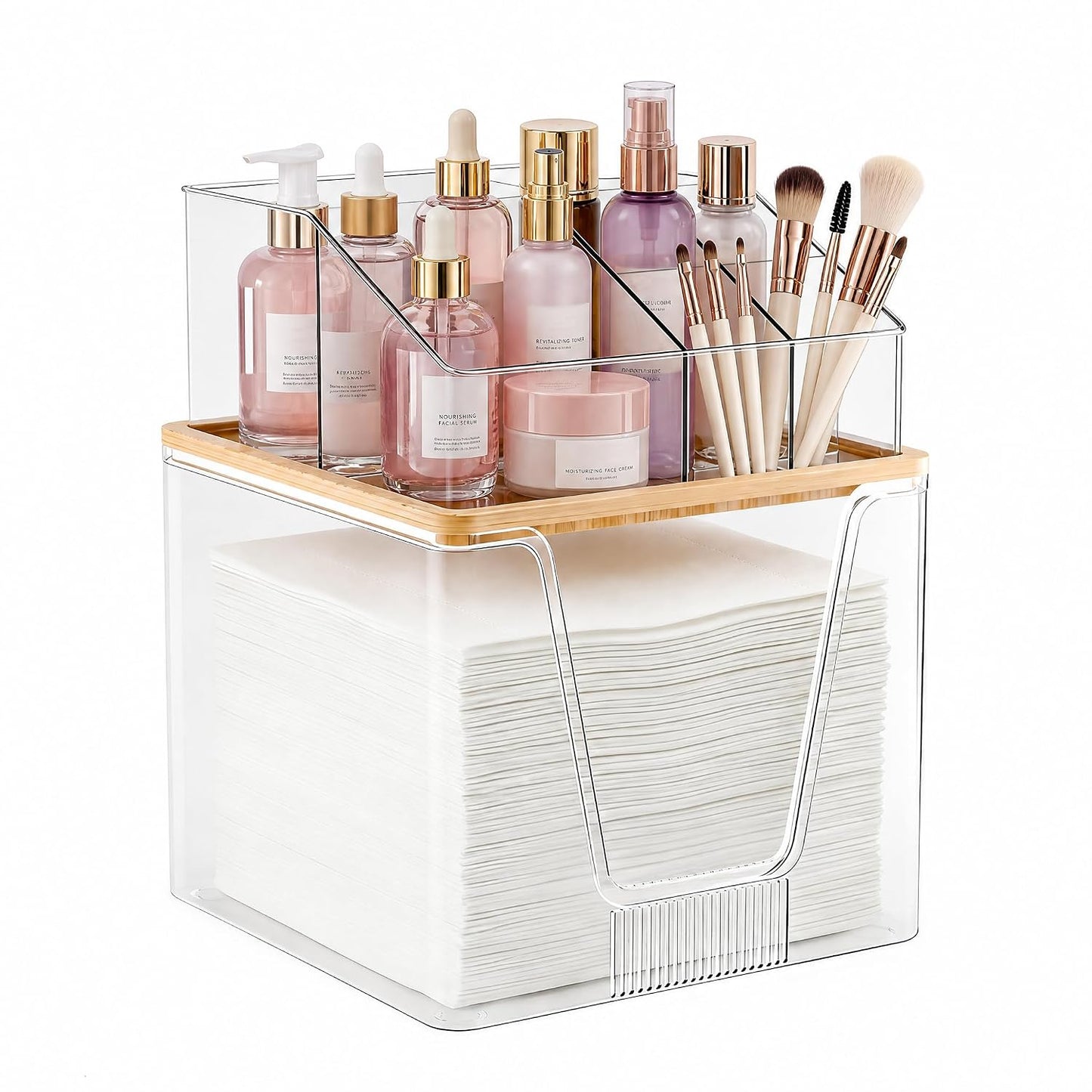 Disposable Facial Towel Holder, 2 Tier Cosmetic Storage Organizer Box | Clear box with Bamboo Lid Compatible with Clean Skin Club Towel XL, Skincare Organizer for Vanity Bathroom Countertop, 1 Pack
