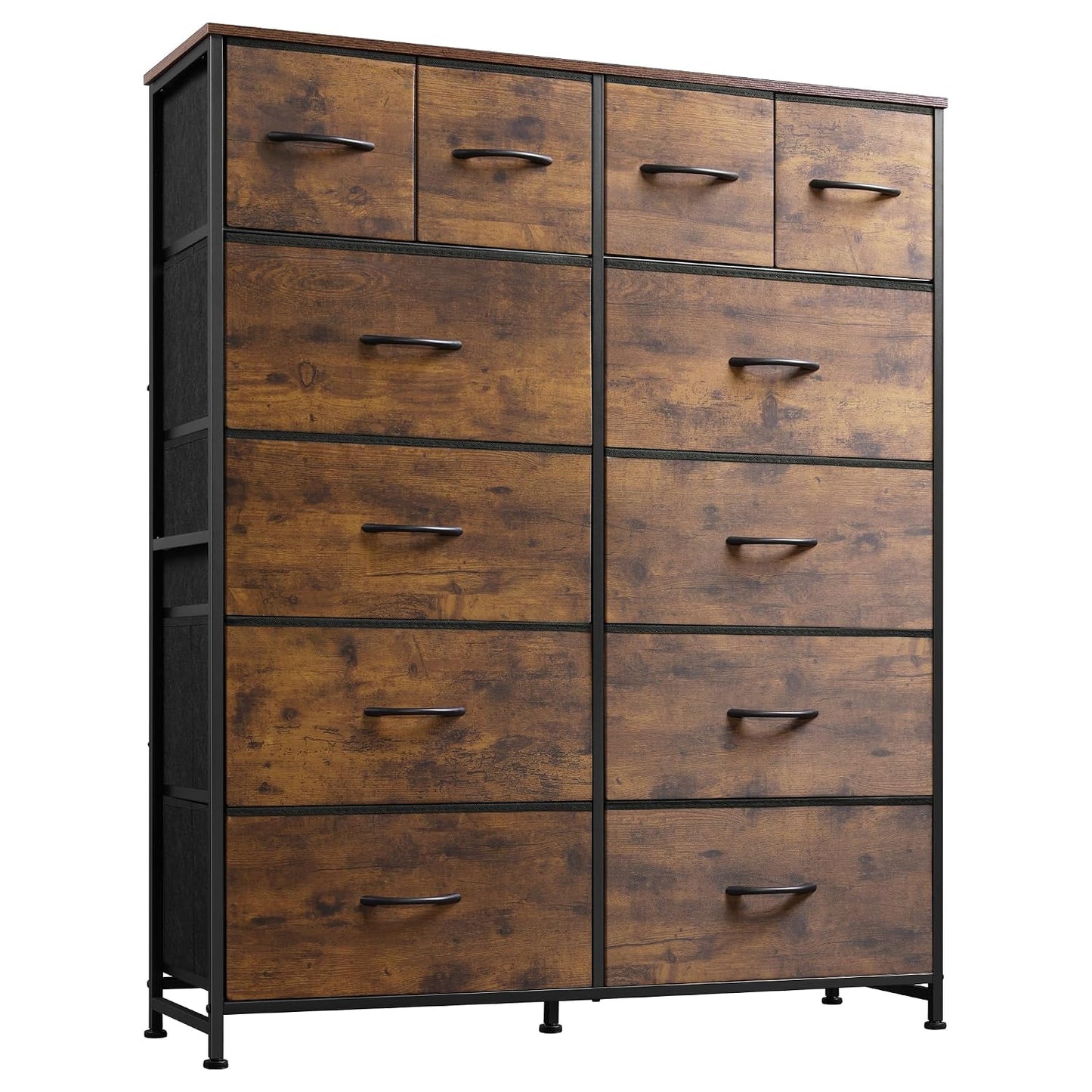 WLIVE 12 Drawer Tall Fabric Dresser Bedroom Storage Chest, Rustic Brown | 12-drawer tall fabric dresser with wood top and steel frame, P2 grade board, ideal for bedroom closet living room storage