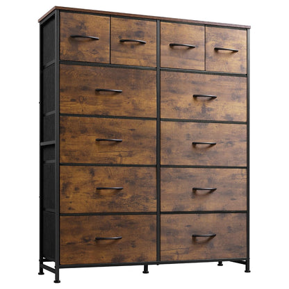 WLIVE 12 Drawer Tall Fabric Dresser Bedroom Storage Chest, Rustic Brown | 12-drawer tall fabric dresser with wood top and steel frame, P2 grade board, ideal for bedroom closet living room storage