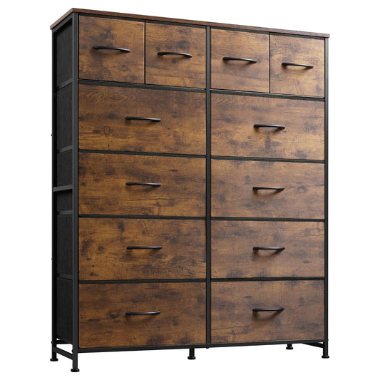WLIVE 12 Drawer Tall Fabric Dresser Bedroom Storage Chest, Rustic Brown | 12-drawer tall fabric dresser with wood top and steel frame, P2 grade board, ideal for bedroom closet living room storage
