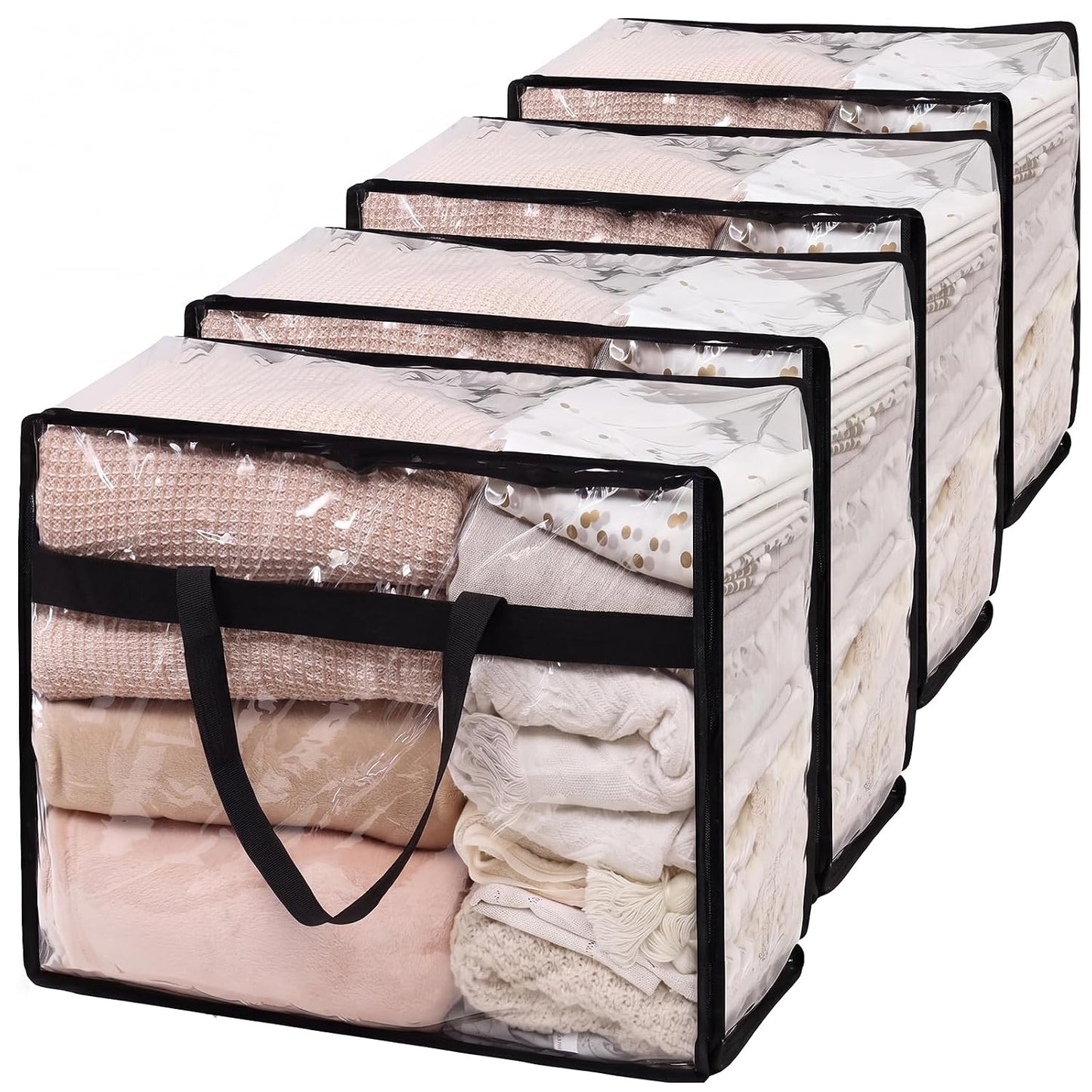 Blanket Storage Bags 4 Pack 60L Clothes Comforter Bedding Container Clear | Clear Plastic Vinyl, Reinforced Handles, Zippered Closure, for Clothes Comforters Bedding and Moving