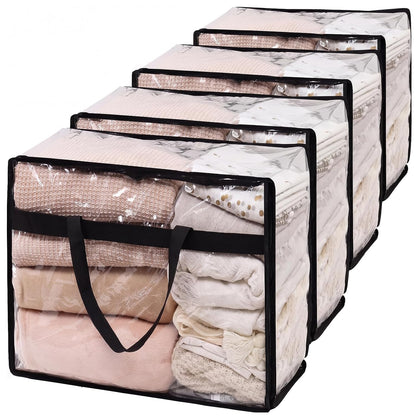 Blanket Storage Bags 4 Pack 60L Clothes Comforter Bedding Container Clear | Clear Plastic Vinyl, Reinforced Handles, Zippered Closure, for Clothes Comforters Bedding and Moving