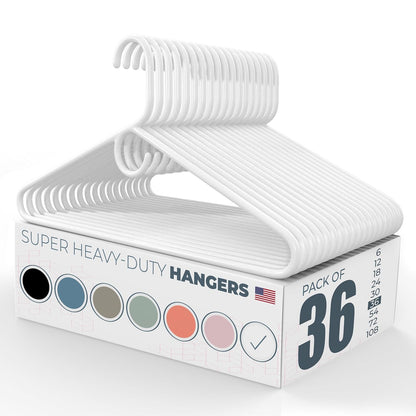 Super Heavy Duty Clothes Hangers 36 Pack – Made in the USA - 10lb Capacity, Thick Plastic Hangers for Pants, Coats, Jackets, Jeans and Adult Clothing – White