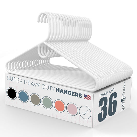 Super Heavy Duty Clothes Hangers 36 Pack – Made in the USA - 10lb Capacity, Thick Plastic Hangers for Pants, Coats, Jackets, Jeans and Adult Clothing – White