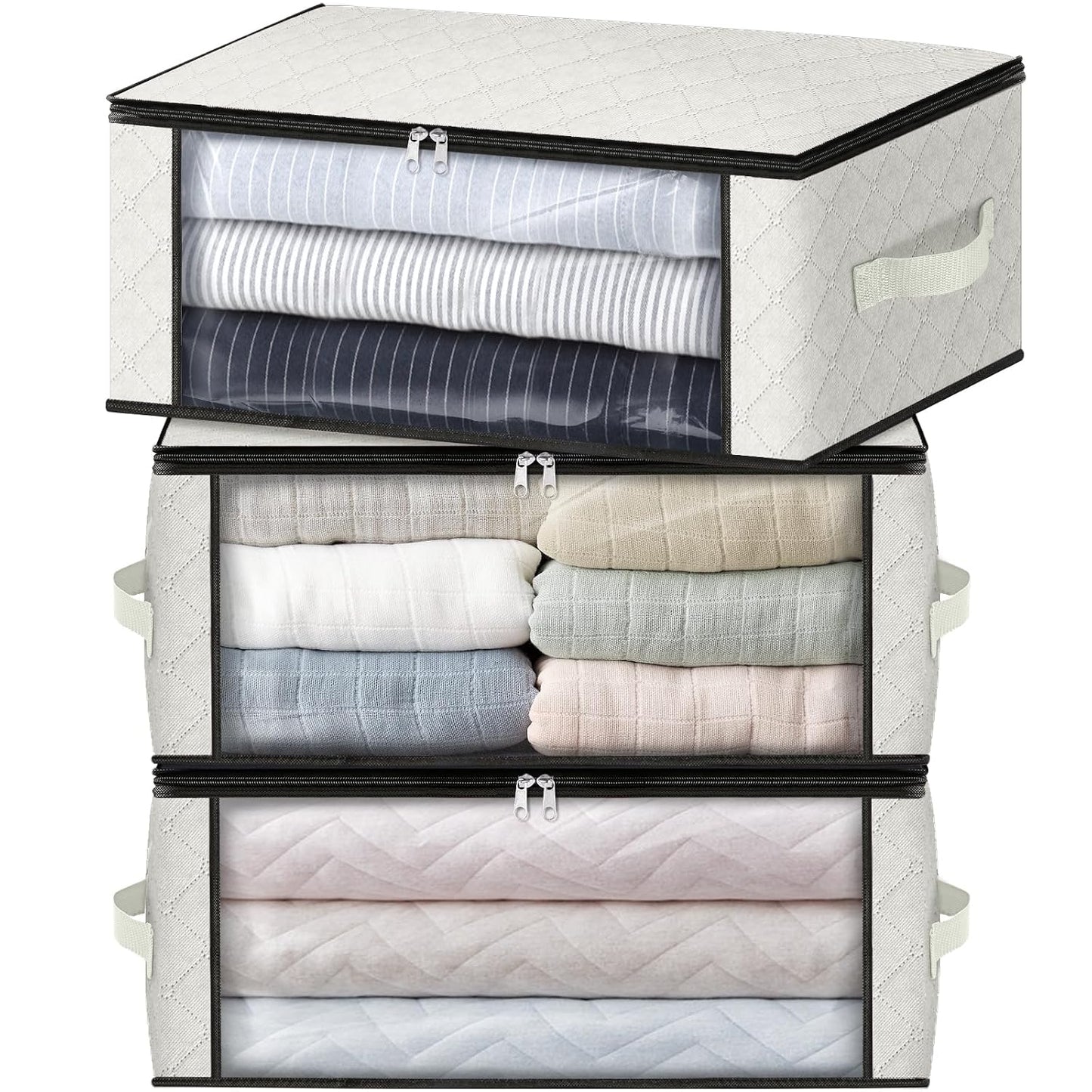HomeHacks 3-Pack Clothes Organizer Storage Bags, 35L Storage Bins, White | Foldable Storage Box Container with Zippers, Clear Window, Reinforced Handles for Closet, Dorm, Pillows, Bedding, Sweater