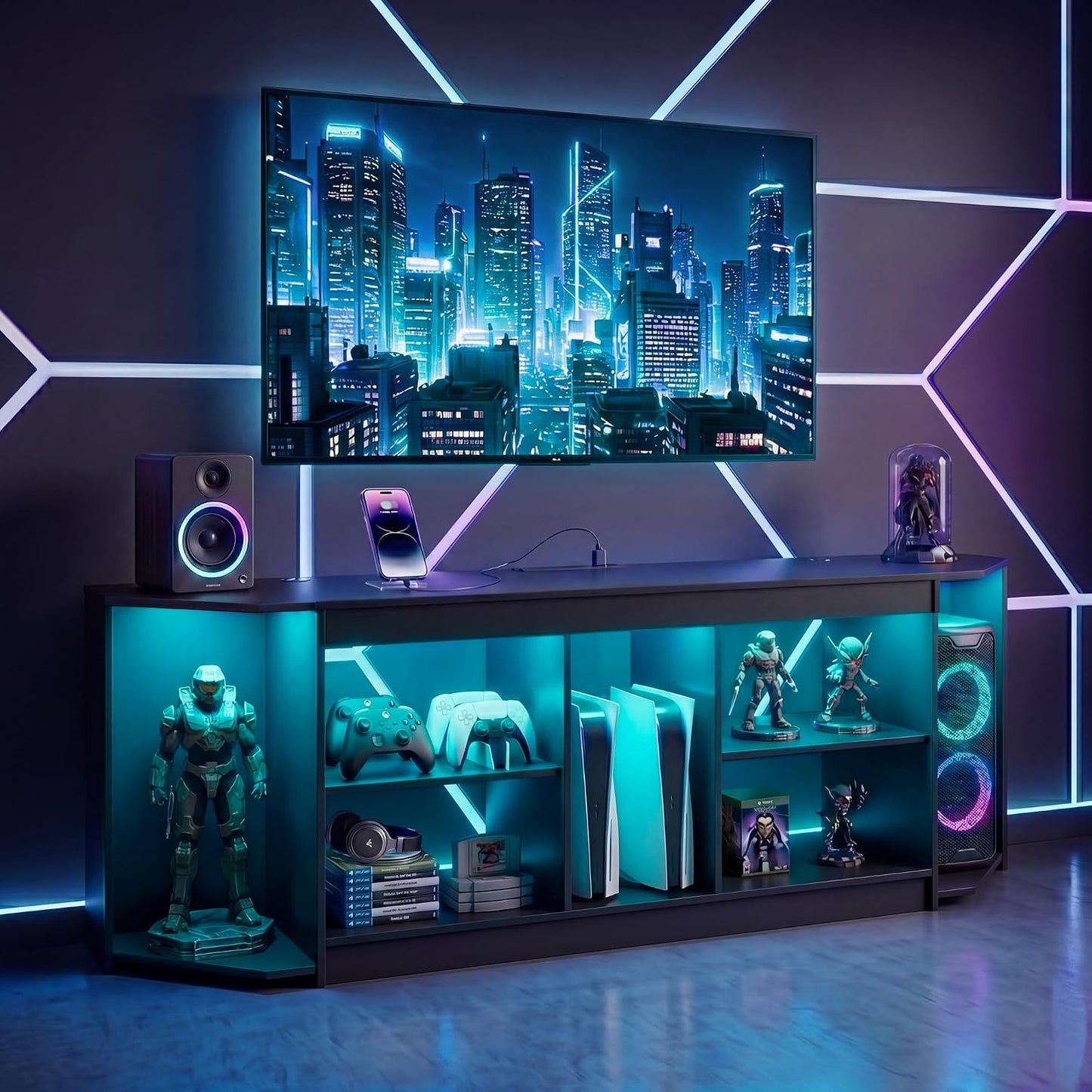 Modern TV Stand with LED Lights & Power Outlets for 75 inch TVs, Gaming Entertainment Center for PS5 Xbox, Media Consoles for Bedroom, Living Room, Black