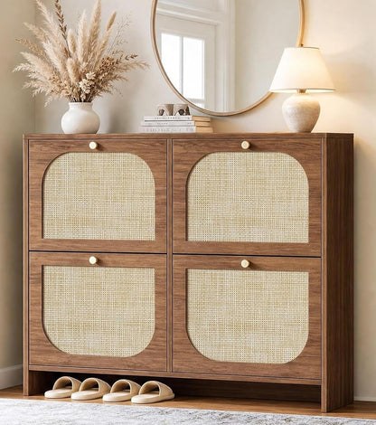 Freestanding Ultra Slim Arched Accent Entryway Shoe Storage - 4 Flip Drawers & 3-Tier Adjustable Shelves, Modern Slim Shoe Cabinet for Hallway, Foyer (flip Down Shoe Cabinet | Amber Oak)