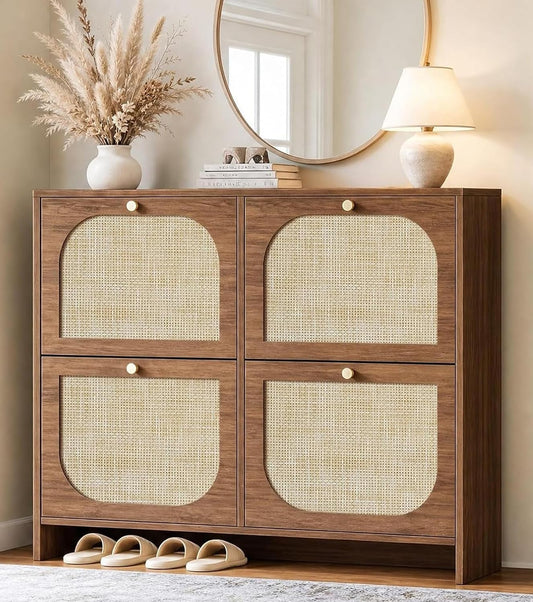 Freestanding Ultra Slim Arched Accent Entryway Shoe Storage - 4 Flip Drawers & 3-Tier Adjustable Shelves, Modern Slim Shoe Cabinet for Hallway, Foyer (flip Down Shoe Cabinet | Amber Oak)