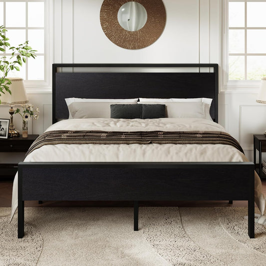 Queen Size Bed Frame, Heavy Duty 12 Metal Slats Su... (Black Oak | Metal)