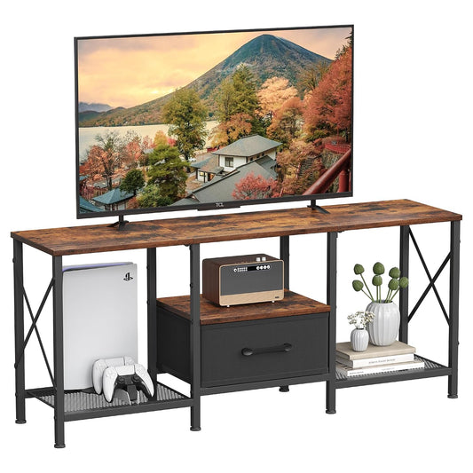 JARHETUN LED TV Stand with Fabric Drawer, Entertainment Center for 50 55 Inch TV, Industrial TV Console Table with Open Storage Shelves for Living Room, Bedroom, Black