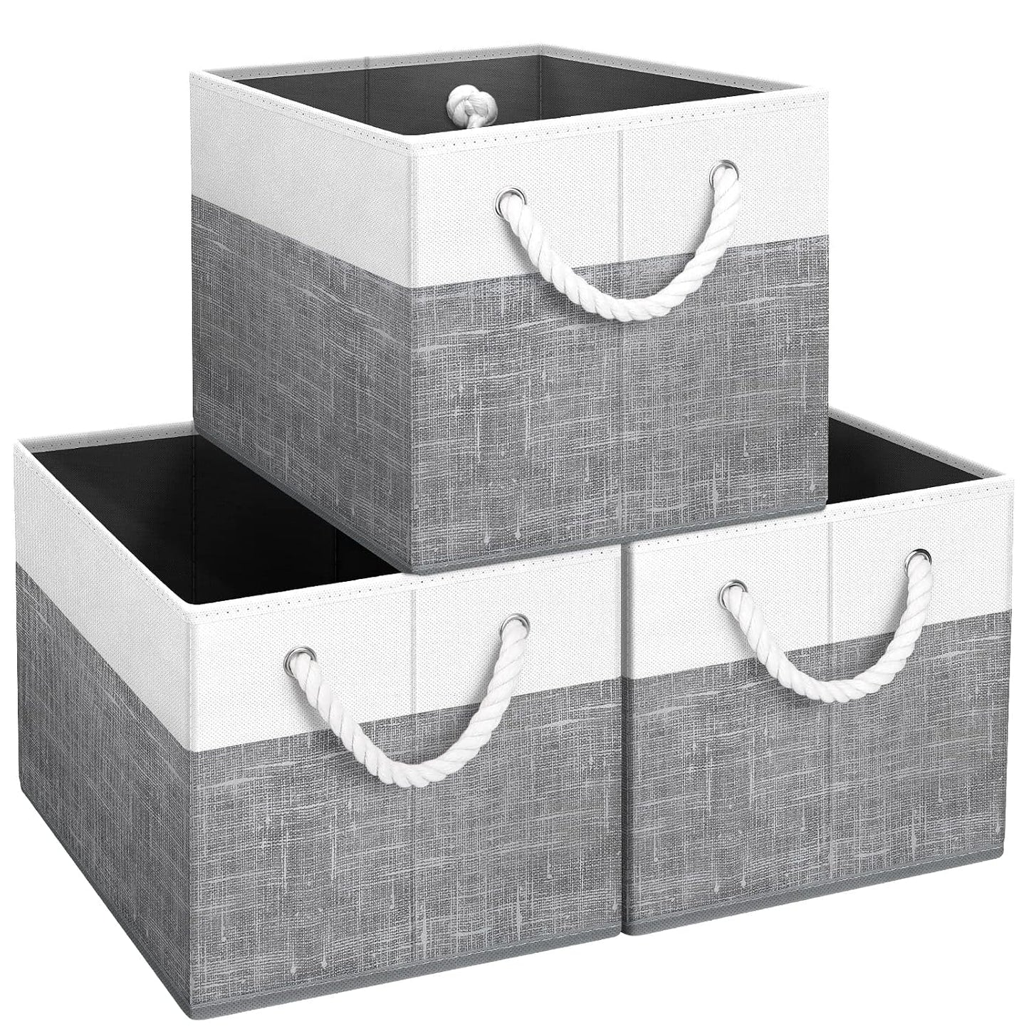 Storage Bins 3-Pack, Foldable Storage Baskets for Organizing Toys, Books, Shelves, Closet, Large Storage Box with Rope Handles, Sturdy Organizer Bins, White & Grey