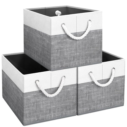 Storage Bins 3-Pack, Foldable Storage Baskets for Organizing Toys, Books, Shelves, Closet, Large Storage Box with Rope Handles, Sturdy Organizer Bins, White & Grey