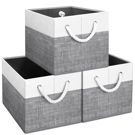 Storage Bins 3-Pack, Foldable Storage Baskets for Organizing Toys, Books, Shelves, Closet, Large Storage Box with Rope Handles, Sturdy Organizer Bins, White & Grey
