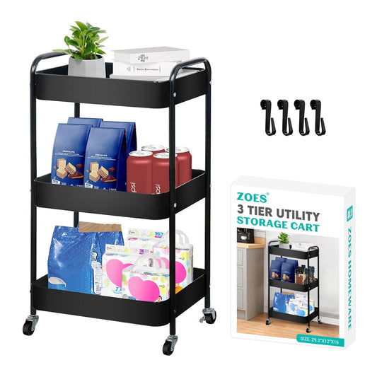 ZOES HOMEWARE 3 Tier Metal Rolling Cart on Wheels,Heavy Duty Utility Cart | Sturdy 3 Tiered Rolling Storage Cart With Hooks, Great For Craft, Art Workspace, Kitchen ,Snack And Office Storage, Black