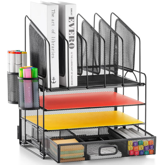 Desk organizer with Drawer, 4-Tier Mesh File Organ... (Black | Metal)