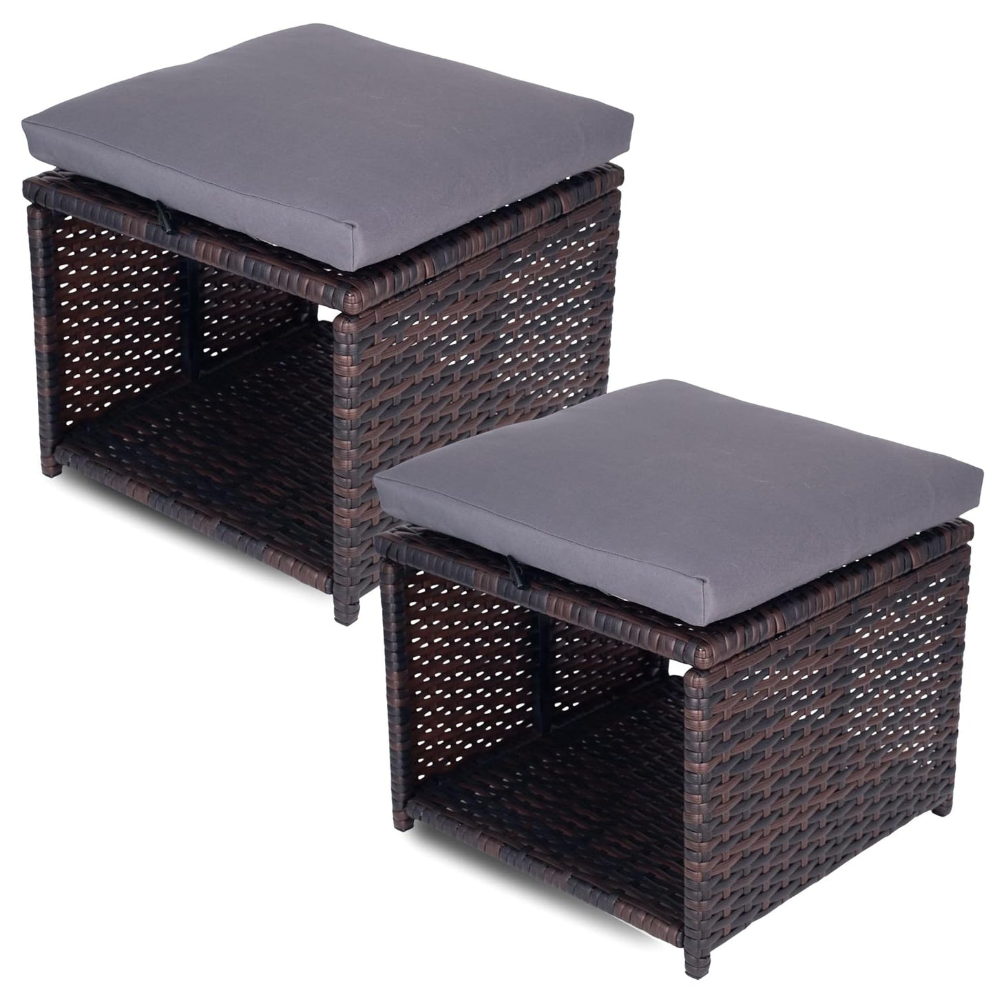 Outdoor Storage Ottoman (Set of 2) - All-Weather Wicker Patio Footstool with Washable Cushions - Sturdy Rattan Foot Rest & Hidden Box for Deck, Porch, Backyard & Balcony