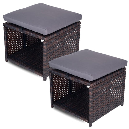 Outdoor Storage Ottoman (Set of 2) - All-Weather Wicker Patio Footstool with Washable Cushions - Sturdy Rattan Foot Rest & Hidden Box for Deck, Porch, Backyard & Balcony