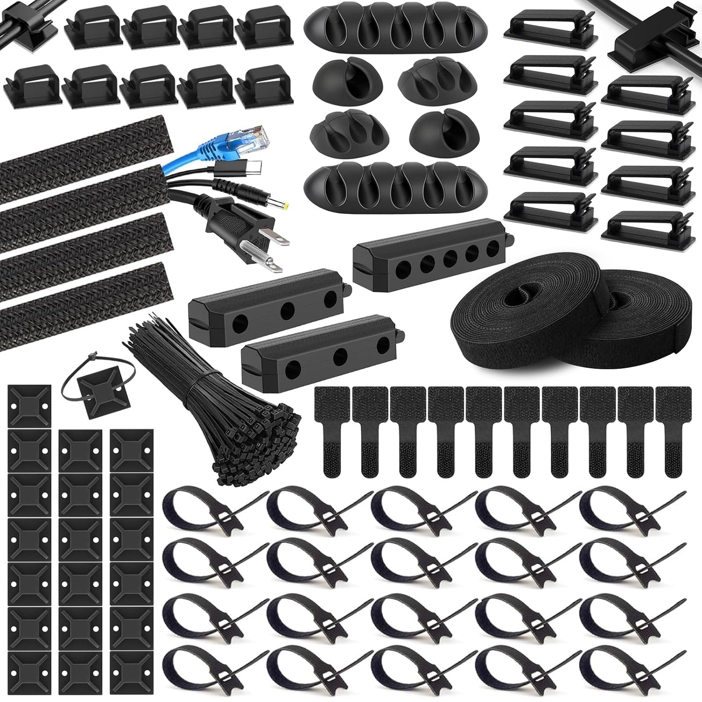 285 PCS Cable Management Kit - 4 Cable Sleeve Split, 50 Adhesive Cable Clips, 9 Cable Holder, 2 Roll Cable Organizer Straps, 200 Cable Zip Ties with 20 Mounts, for Computer TV Under Desk - Black