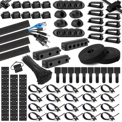 285 PCS Cable Management Kit - 4 Cable Sleeve Split, 50 Adhesive Cable Clips, 9 Cable Holder, 2 Roll Cable Organizer Straps, 200 Cable Zip Ties with 20 Mounts, for Computer TV Under Desk - Black