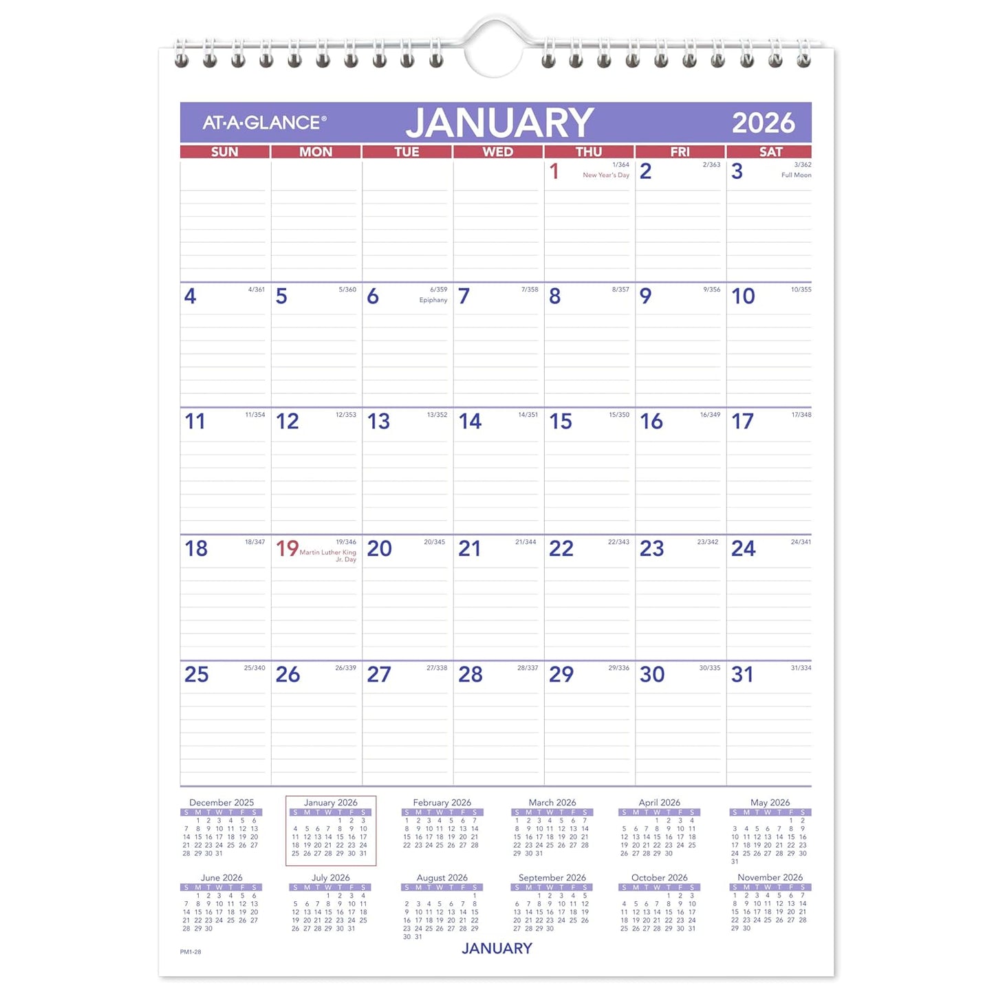 AT-A-GLANCE 2026 Wall Calendar, 8" x 11", Small, Ruled Blocks (PM12826)