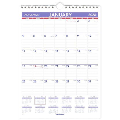 AT-A-GLANCE 2026 Wall Calendar, 8" x 11", Small, Ruled Blocks (PM12826)
