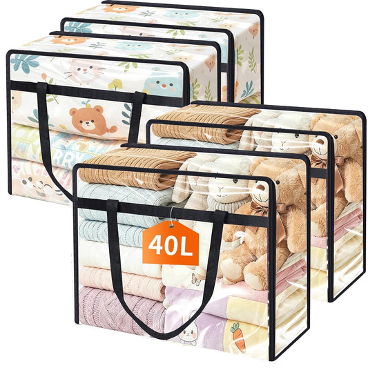 4 Pack Clear Clothes Storage Bags, 40L Vinyl Blanket Storage Containers with Heavy Duty Zipper, Foldable Moving Bags, Closet Organizers for Bedding, Clothing, Comforters, Linens, Duvet