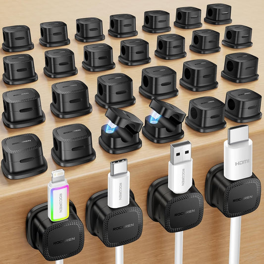 Rocoren 30-Pack Magnetic Adjustable Cable Clips Cord Organizer | Smooth Cable Straps & Wire Holder Keeper, Cable Management Accessories for Desktop, Nightstand, Home Office & Phone