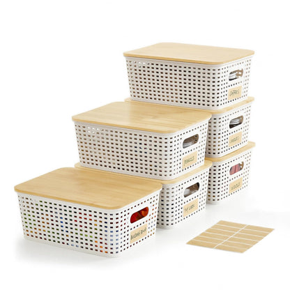 Small Plastic Storage Bins with Bamboo Lids 5.2qt Stackable Box Basket Pantry Decorative Containers Cute with Labels for Organizing Desktop Closet Office Cream White of 6 packs 10*7.2*4.1"