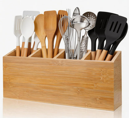 Wingsife Utensils Holder with 4 Compartments, Bamb... (Classic | Bamboo)