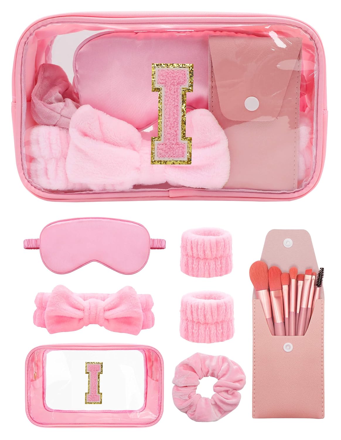 Initial Makeup Bag with Makeup Brush Set Party Favors Gifts for Women Girls | Pink Spa Kit with Skincare Headbands Wrist Bands Sleepover Bachelorette Party Supplies Gifts for Teen Girls Bridesmaid I