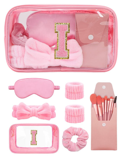 Initial Makeup Bag with Makeup Brush Set Party Favors Gifts for Women Girls | Pink Spa Kit with Skincare Headbands Wrist Bands Sleepover Bachelorette Party Supplies Gifts for Teen Girls Bridesmaid I