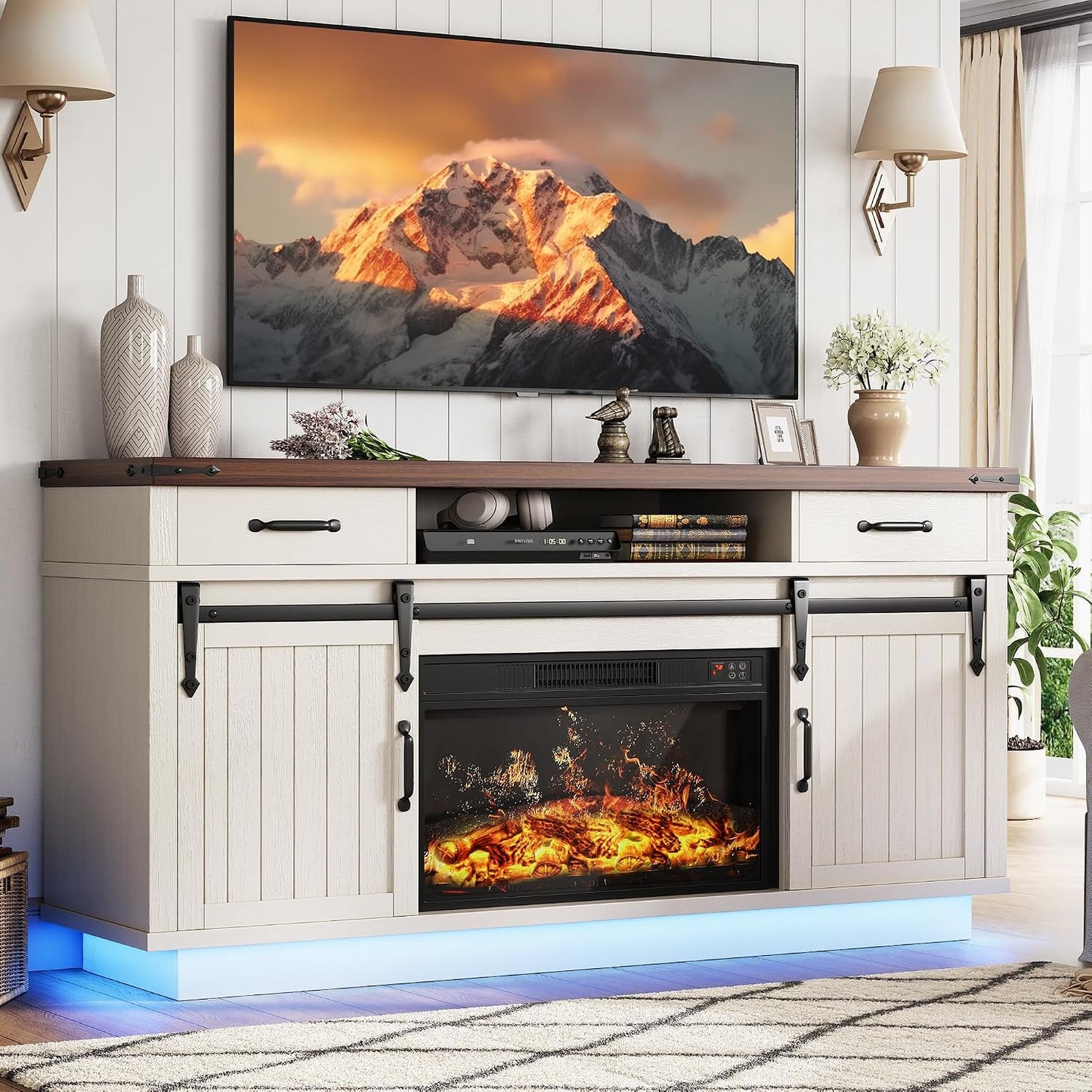 Jocoevol 58" Farmhouse Electric Fireplace TV Stand for TVs up to 65", Entertainment Center with 2 Large Storage Drawers, Sliding Barn Doors, Adjustable Shelves, TV Console for Living Room - White