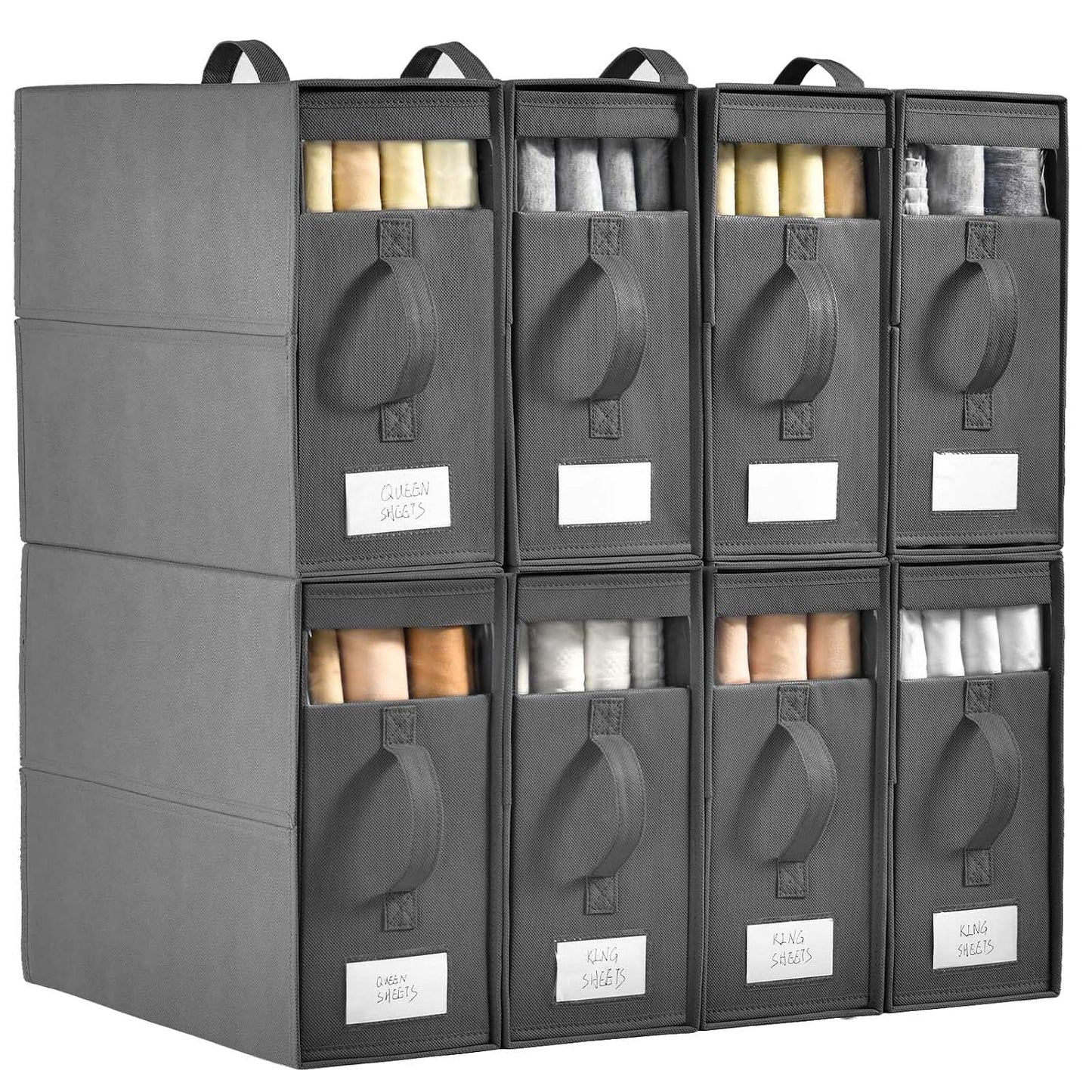 8 Pack Sheet Organizers and Storage, Bed Sheet Organizer with Window | Foldable Sheet Storage with Handle, linen closet organizers and storage, Queen & King Size, Sheet Set Organizer, Beige