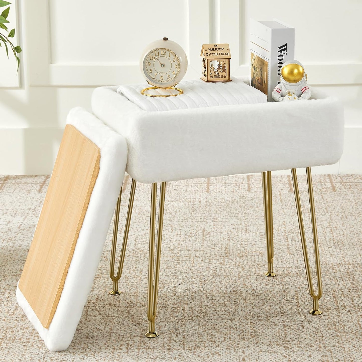 BRIAN & DANY Vanity Stool, Faux Fur Vanity Stool Chair with Storage, Rectangle Makeup Chair Soft Padded Seat with Legs for Bedroom (White)
