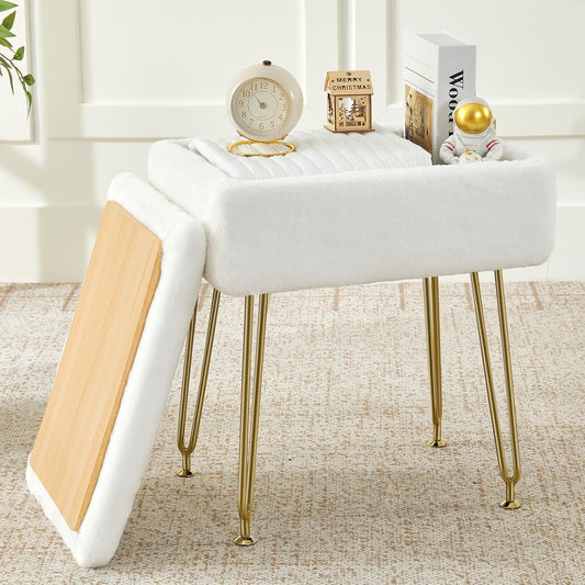 BRIAN & DANY Vanity Stool, Faux Fur Vanity Stool Chair with Storage, Rectangle Makeup Chair Soft Padded Seat with Legs for Bedroom (White)