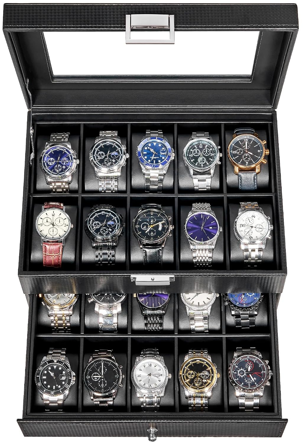 BEWISHOME Watch Case, 20-Slot Watch Box Organizer with Large Glass Lid | Watch Cases for Men with Removable Watch Pillows, Synthetic Leather, Watch Storage Box, Watch Display Case, Black SSH04C