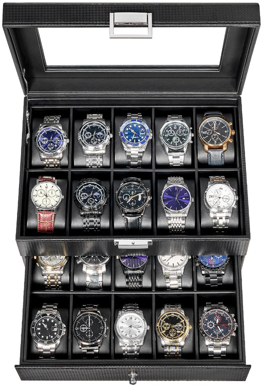 BEWISHOME Watch Case, 20-Slot Watch Box Organizer with Large Glass Lid | Watch Cases for Men with Removable Watch Pillows, Synthetic Leather, Watch Storage Box, Watch Display Case, Black SSH04C
