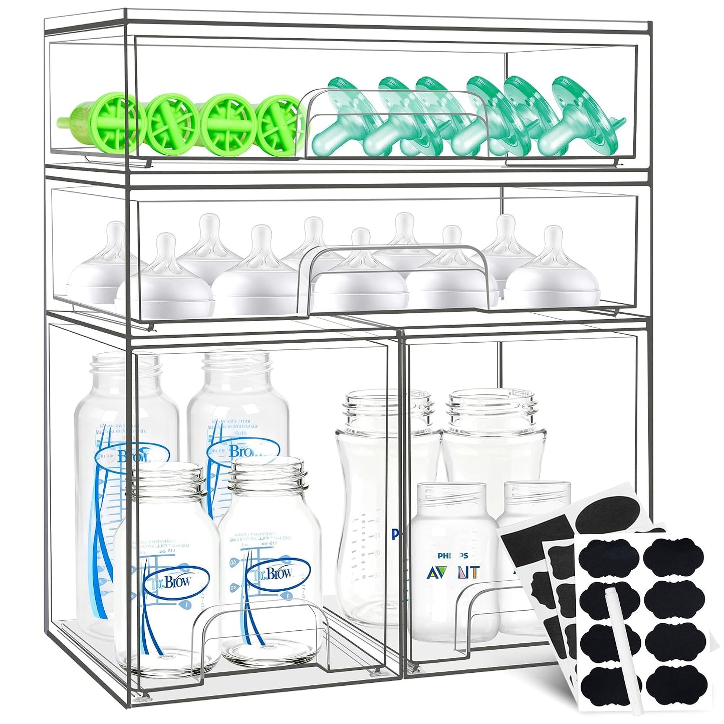 Baby Bottle Organizer, 4 Pack Stackable Storage Drawers with Labels, Clear Station Organizers Container for Pacifiers, Pump Parts, Desk Organizer Bins for Bathroom, Cabinet, Pantry, Vanity, Countertop