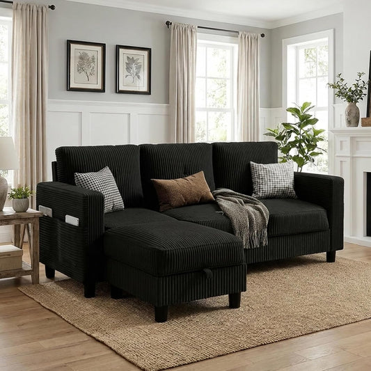 77" L-Shaped Corduroy Sectional Sofa with Storage... (Black | Engineered Wood)