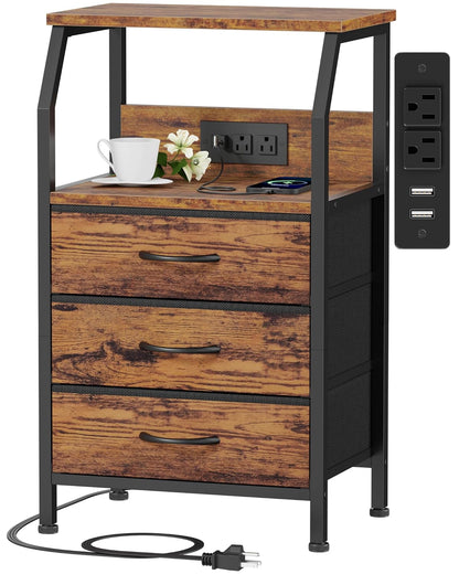 Night Stand with Charging Station, 3 Fabric Drawers Bedside Table | Rustic Brown Dorm Nightstand For Bedroom, 28.3 Inch Tall, Usb Ports & Outlets, Side Table with Storage Shelf, 3 Ways to Use