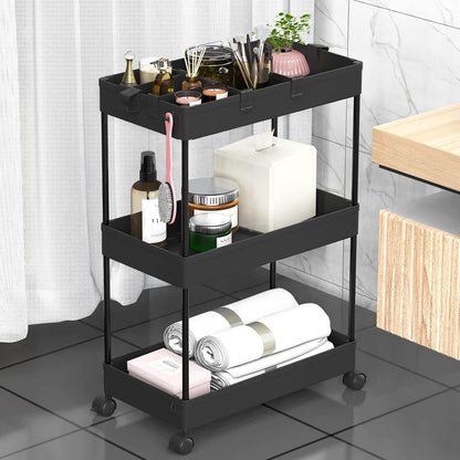 3 Tier Rolling Cart with Wheels, Storage Craft Art Trolley Organizer Serving, 3 Hanging Baskets Easy Assembly, for Office, Bathroom，Living Room, Kitchen, Black