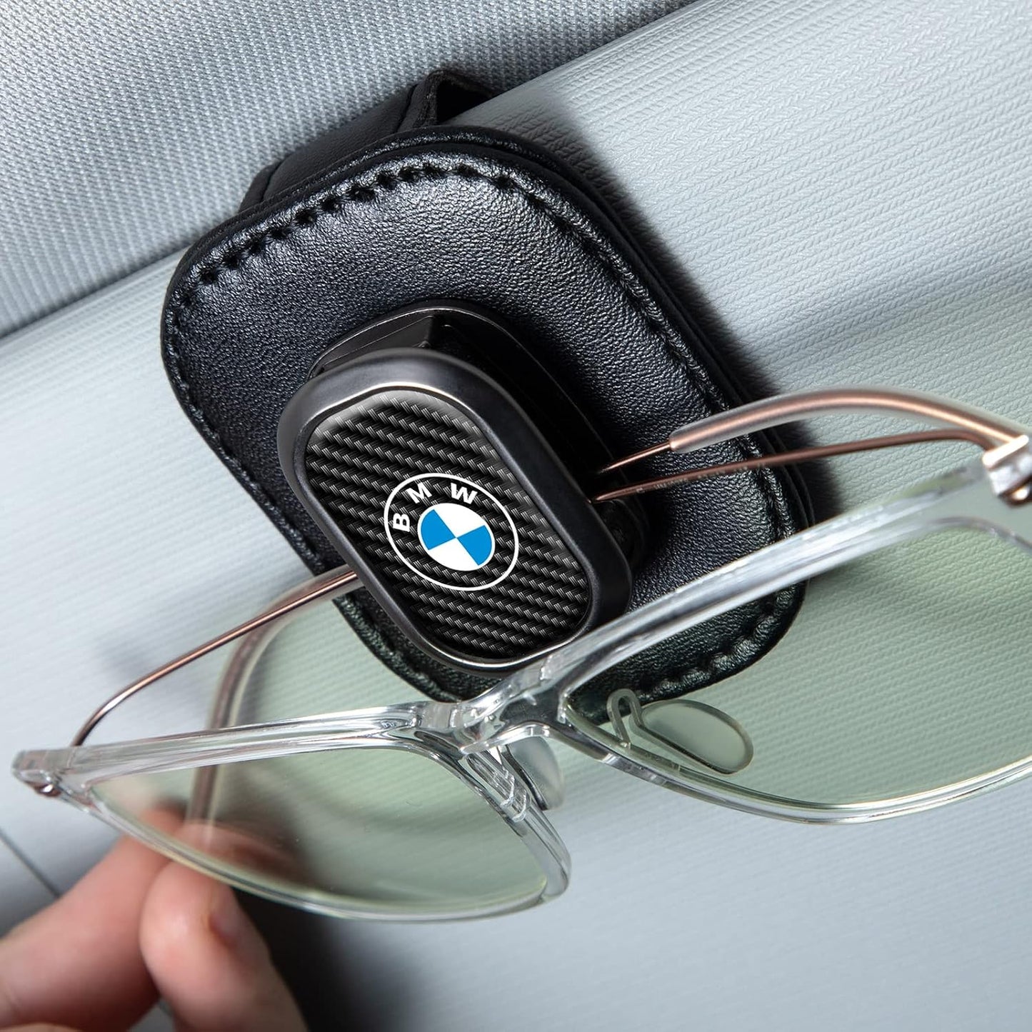 Sunglasses Holder, Leather Glasses Holders Compatible with BMW Series Car Sun Visor, Eyeglasses Hanger and Ticket Card Clip Eyeglasses Mount for Car, for Accessories, Black