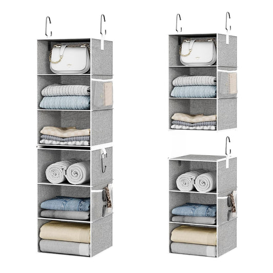 StorageWorks 6-Shelf Closet Organizers, Two 3-Shelf Separable Hanging Shelves for Close, 12 1⁄2" D x 12 1⁄2" W x 47 ¼" H, Canvas, Gray