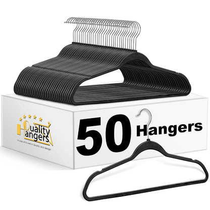 Quality Hangers 50 Pack Plastic Hangers for Clothes - Slim Non-Velvet Hangers with 360° Swivel Chrome Hook & Non Slip Notches - Ideal for Dresses Coats Shirts Jackets & More - Black
