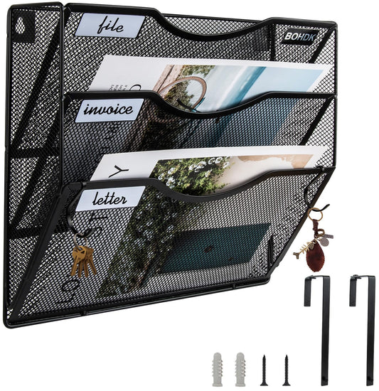 BOHDK Wall File Organizer, 3 Tire Hanging File Folder Mail Organizer, Vertical Mesh Metal Door/Wall Mount Hanging File Holder, Paper Document Magazine Rack with Hooks for Home Office Black