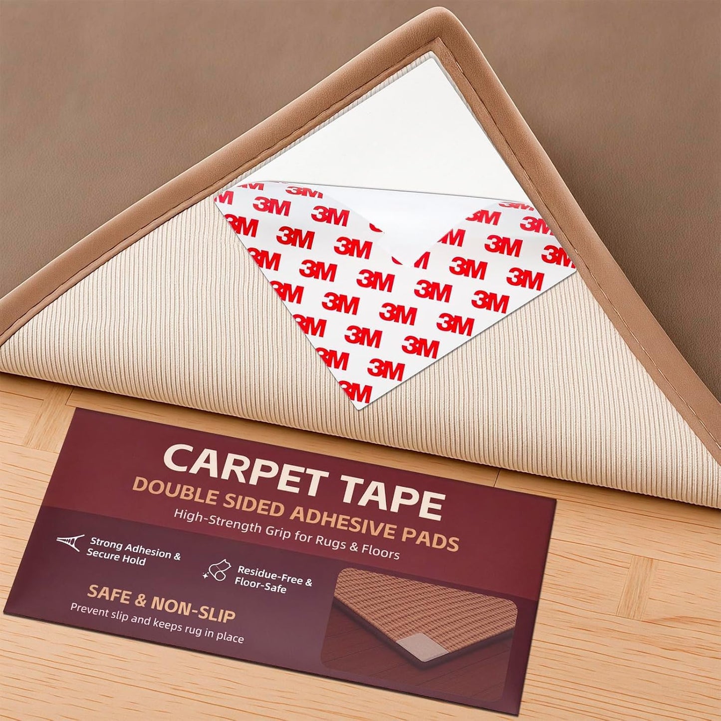 12PC Carpet Tape Double Sided, Heavy Duty Rug Tape for Hardwood Floors, Non-Slip Carpet Adhesive Tape for Area Rugs, Strong Grip