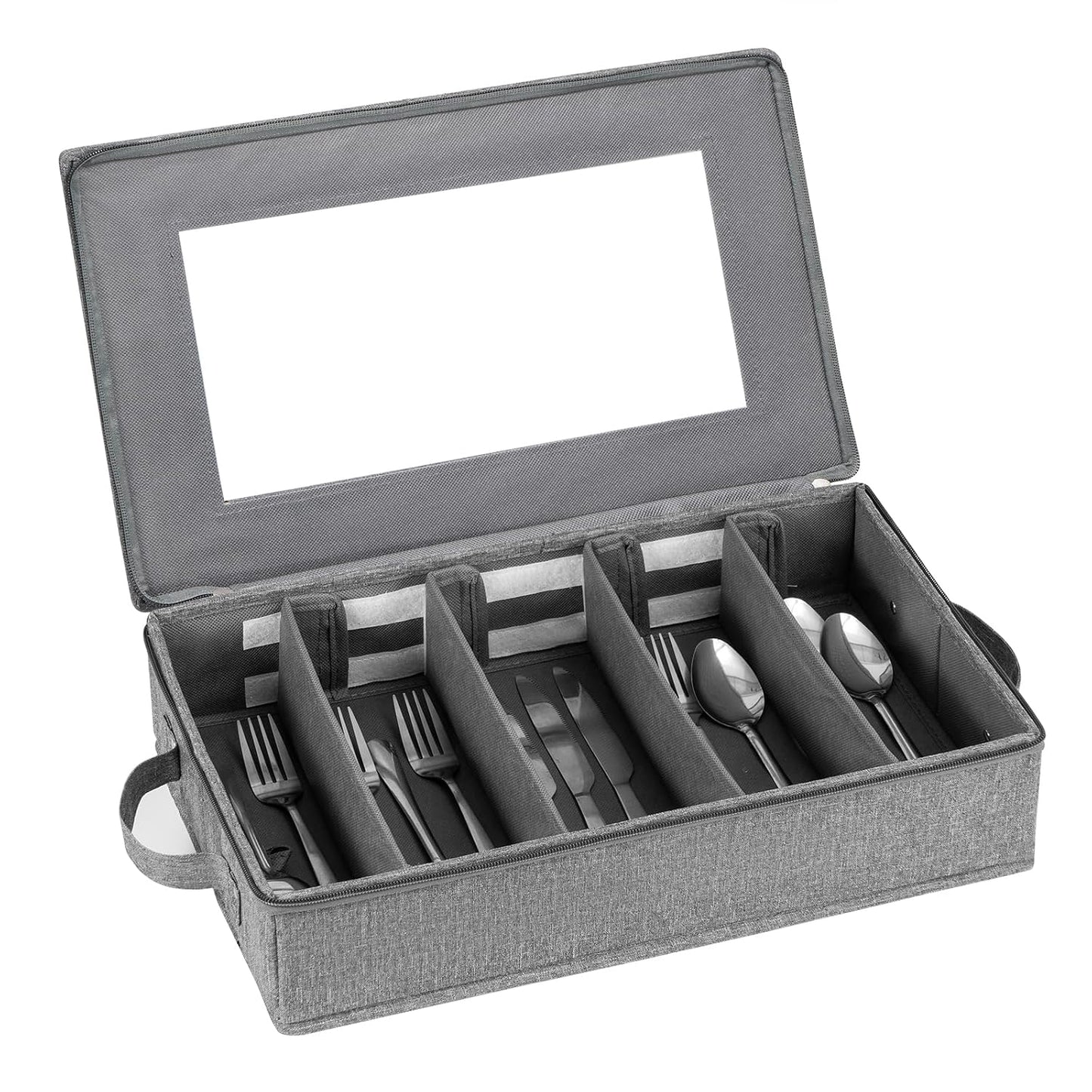 Flatware Utensil Storage Case, Silverware Storage Box Chest with Dividers | 5 Compartment Flatware Storage Box with Zipper Lid for Organizing Cutlery, Flatware, Knives, Large Capacity Gray