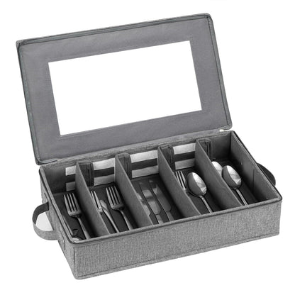 Flatware Utensil Storage Case, Silverware Storage Box Chest with Dividers | 5 Compartment Flatware Storage Box with Zipper Lid for Organizing Cutlery, Flatware, Knives, Large Capacity Gray
