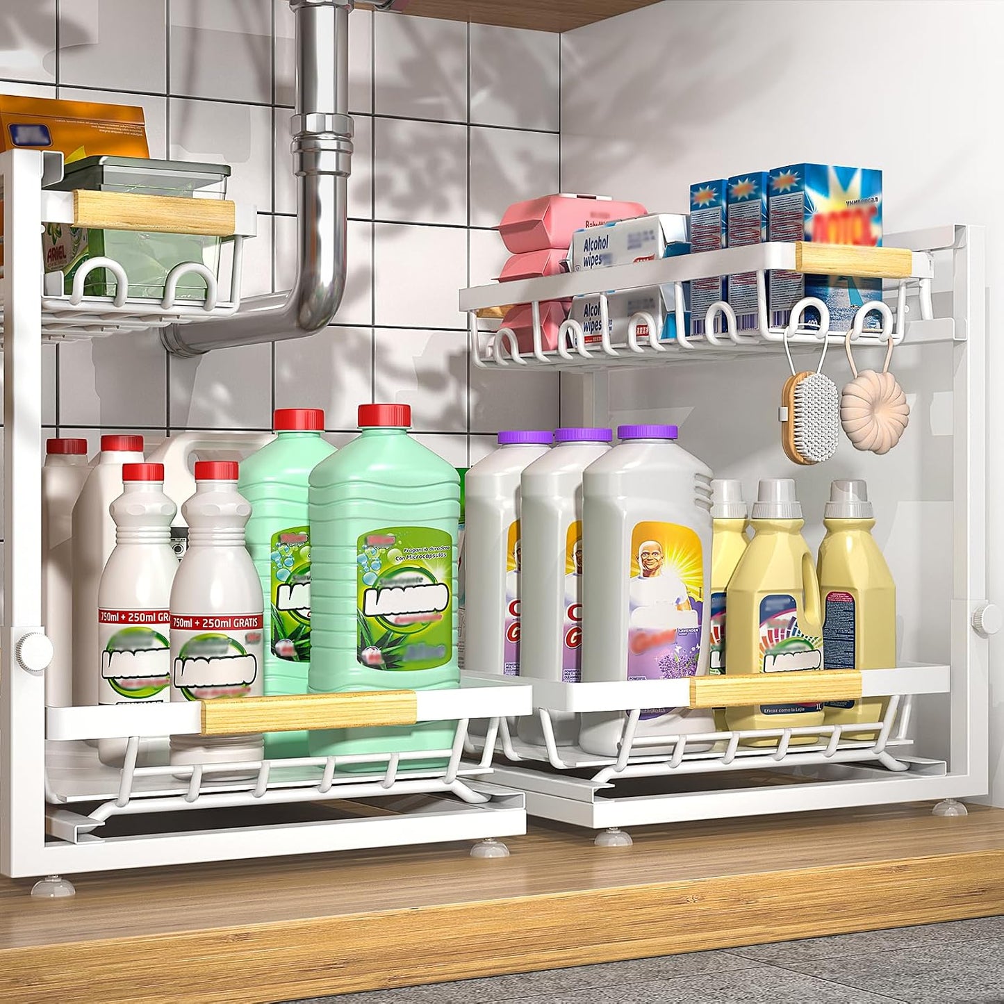 2-Pack 2-Tier Height Adjustable Under Sink Organiz... (White | Iron)